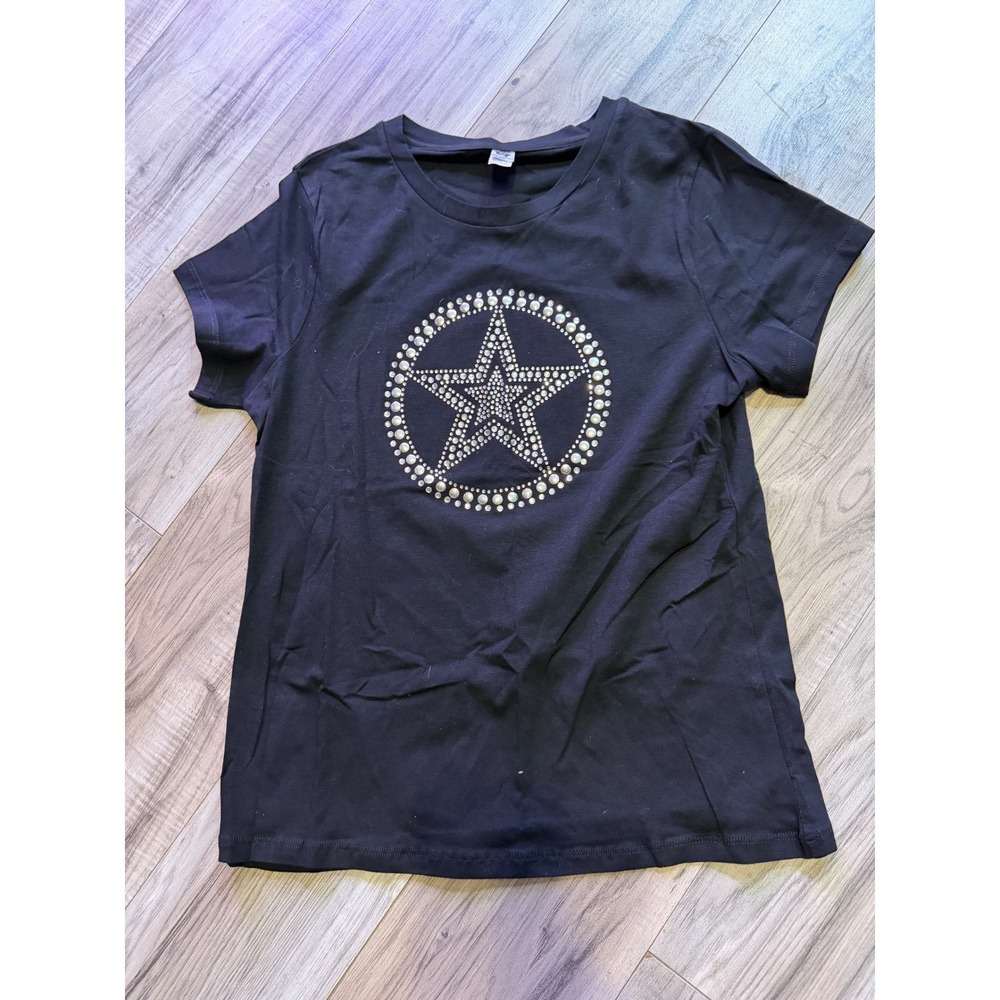 Chelona Girls Black Rhinestone Star Graphic T-Shirt Kids XL Short Sleeve Tee